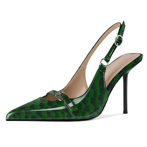 EDEFS Damen Konvertierbarer Slingback 10 cm Stiletto Absatz Pumps Runder Zeh zu Spitzzahn Transformation Glänzend Grün EU44 von EDEFS