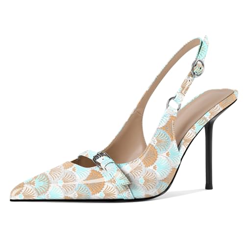 EDEFS Damen Konvertierbarer Slingback 10 cm Stiletto Absatz Pumps Runder Zeh zu Spitzzahn Transformation Jakobsmuscheln Gelb EU44 von EDEFS