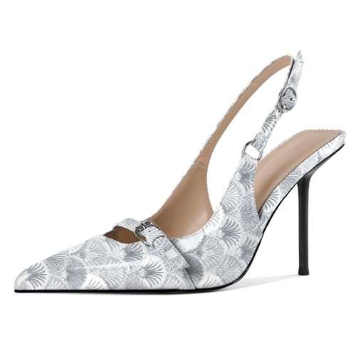 EDEFS Damen Konvertierbarer Slingback 10 cm Stiletto Absatz Pumps Runder Zeh zu Spitzzahn Transformation Jakobsmuscheln Silber EU44 EDEFS Damen Konvertierbarer Slingback 10 cm Stiletto Absatz Pumps Runder Zeh zu Spitzzahn Transformation Jakobsmuscheln Silber EU44 von EDEFS