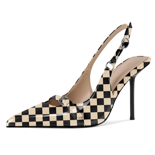 EDEFS Damen Konvertierbarer Slingback 10 cm Stiletto Absatz Pumps Runder Zeh zu Spitzzahn Transformation Kariert Beige EU44 von EDEFS