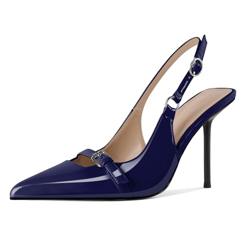 EDEFS Damen Konvertierbarer Slingback 10 cm Stiletto Absatz Pumps Runder Zeh zu Spitzzahn Transformation Marineblau EU44 von EDEFS