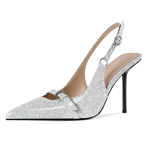 EDEFS Damen Konvertierbarer Slingback 10 cm Stiletto Absatz Pumps Runder Zeh zu Spitzzahn Transformation Silber EU44 EDEFS Damen Konvertierbarer Slingback 10 cm Stiletto Absatz Pumps Runder Zeh zu Spitzzahn Transformation Silber EU44 von EDEFS