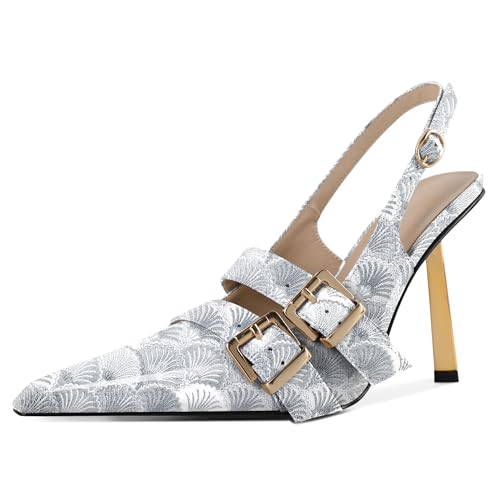 EDEFS Damen Kurvenadaptiver Pumps 10 cm Stiletto Absatz Slingback Spitzer Zeh & Gold Schnallen Powerlook Jakobsmuscheln Silber EU40 EDEFS Damen Kurvenadaptiver Pumps 10 cm Stiletto Absatz Slingback Spitzer Zeh & Gold Schnallen Powerlook Jakobsmuscheln Silber EU40 von EDEFS