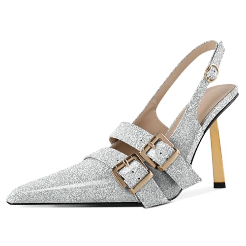 EDEFS Damen Kurvenadaptiver Pumps 10 cm Stiletto Absatz Slingback Spitzer Zeh & Gold Schnallen Powerlook Silber EU40 EDEFS Damen Kurvenadaptiver Pumps 10 cm Stiletto Absatz Slingback Spitzer Zeh & Gold Schnallen Powerlook Silber EU40 von EDEFS