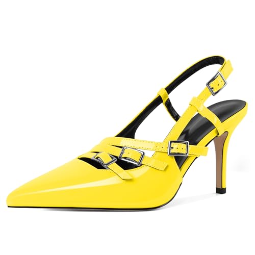 EDEFS Damen Kurvenadaptiver Slingback Pumps 3,5 Zoll Stiletto Absatz & Dreifach Schnallen System Arbeits Powerdressing Gelb EU41 von EDEFS