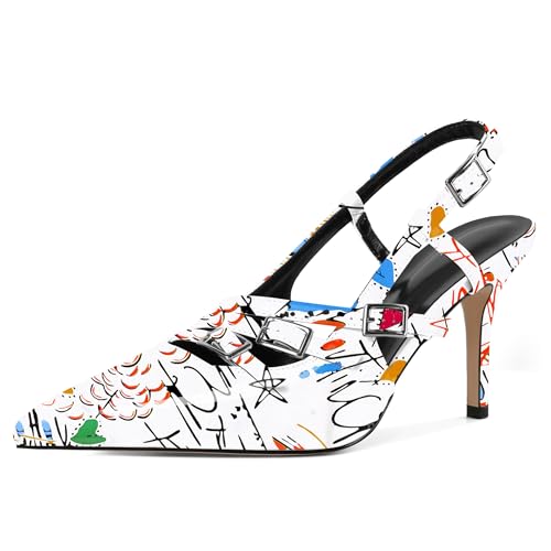 EDEFS Damen Kurvenadaptiver Slingback Pumps 3,5 Zoll Stiletto Absatz & Dreifach Schnallen System Arbeits Powerdressing Graffiti Weiß EU41 EDEFS Damen Kurvenadaptiver Slingback Pumps 3,5 Zoll Stiletto Absatz & Dreifach Schnallen System Arbeits Powerdressing Graffiti Weiß EU41 von EDEFS