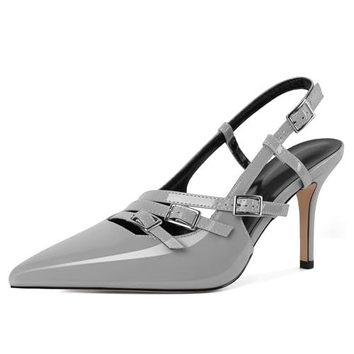 EDEFS Damen Kurvenadaptiver Slingback Pumps 3,5 Zoll Stiletto Absatz & Dreifach Schnallen System Arbeits Powerdressing Grau EU41 von EDEFS