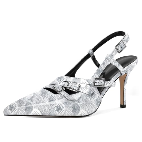EDEFS Damen Kurvenadaptiver Slingback Pumps 3,5 Zoll Stiletto Absatz & Dreifach Schnallen System Arbeits Powerdressing Jakobsmuscheln Silber EU41 EDEFS Damen Kurvenadaptiver Slingback Pumps 3,5 Zoll Stiletto Absatz & Dreifach Schnallen System Arbeits Powerdressing Jakobsmuscheln Silber EU41 von EDEFS