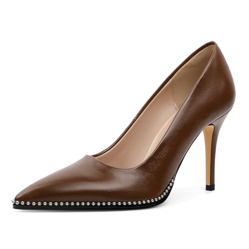 EDEFS Damen Lackleder 9 cm Stiletto Pumps Spitzzehen Schlupf für Hochzeitsfeiern & Festliche Anlässe Kunstleder Braun EU39 von EDEFS