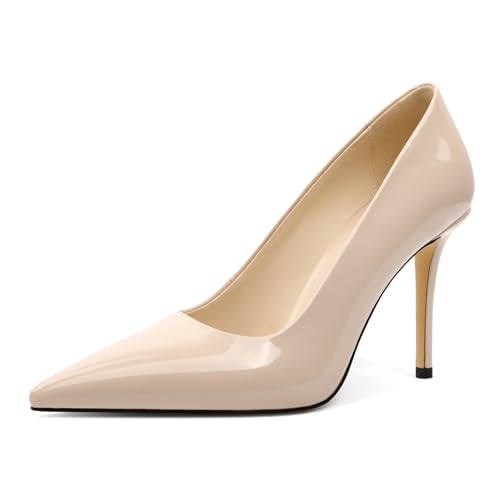 EDEFS Damen Lackleder Pumps 9 cm Stiletto Absatz Spitzzehen Schlupf für Hochzeitsfeiern & Festliche Anlässe Nackt EU44 von EDEFS