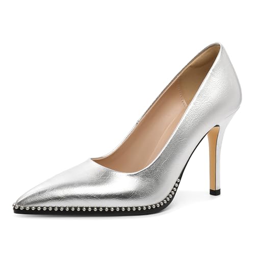 EDEFS Damen Lackleder Pumps 9 cm Stiletto Absatz Spitzzehen Schlupf für Hochzeitsfeiern & Festliche Anlässe Silber Crackle EU44 von EDEFS