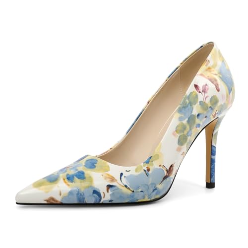 EDEFS Damen Lackleder Schlupfpumps 9 cm Stiletto Absatz Spitzzehen für Festliche Hochzeiten & Elegante Anlässe Blume Blau EU42 von EDEFS