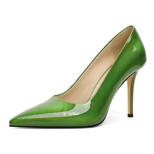 EDEFS Damen Lackleder Schlupfpumps 9 cm Stiletto Absatz Spitzzehen für Festliche Hochzeiten & Elegante Anlässe Glänzend Grün EU42 von EDEFS