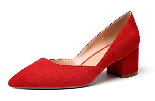 EDEFS Damen Mittlerem Blockabsatz Pumps 5CM Kitten Heel D'orsay Schuhe Fashion Kleid Party Schuhe Wildleder Rot Größe EU38 von EDEFS