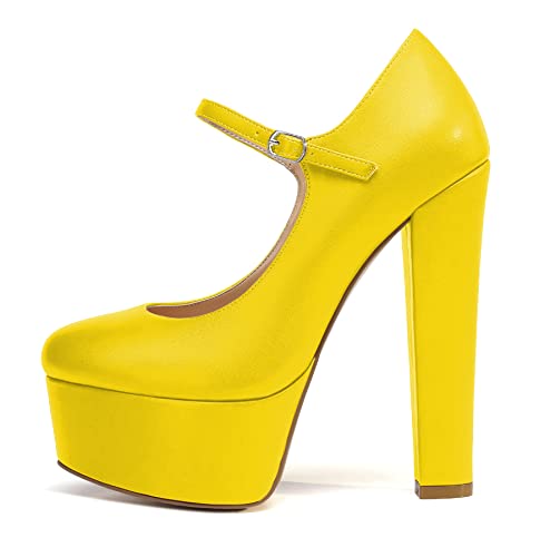 EDEFS Damen Mode Runde Zehe High Heels Plateau Mary Jane Klobiger Absatz Pumps Abendkleid Schuhe Mattgelb Größe EU42 von EDEFS