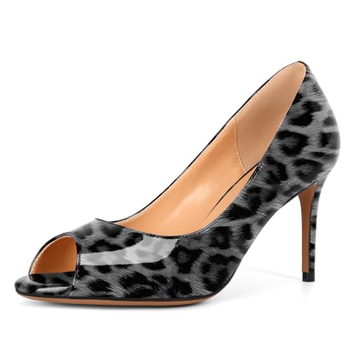 EDEFS Damen Modische Peep Toe Pumps Stiletto Heel Standing at 3 Inches Slip On Lackleder Großartig für Hochzeit Braut & Alle Party Szenen Leopard Weiß EU44 von EDEFS