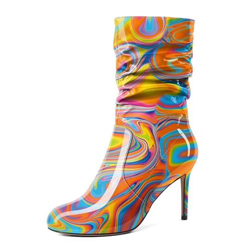 EDEFS Damen Multicolor Heat Pfennigabsatz Stiefel Runde Zehe Stiefel Seitenreißverschluss Stiefelette Hochzeit Formal Lack Boties 3.4Inch/8.5cm Größe EU35 von EDEFS