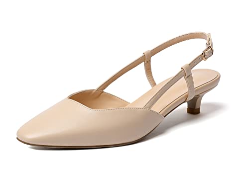 EDEFS Damen Niedrige Kitten Pumps Geschlossene Zehenkappe Knöchelriemen 3.5 cm Beige EU38 von EDEFS