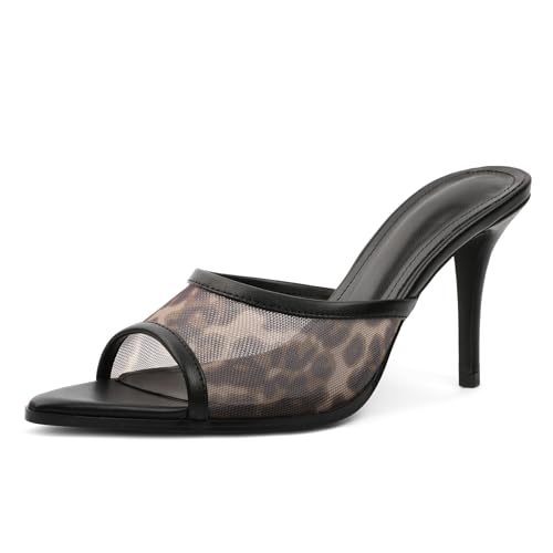 EDEFS Damen Offene Zehen Mesh Mules Schlupf 9 cm Stiletto High Heels Abendsandaletten für Sommer Freizeit Party Hochzeit Mesh Leopard EU40 von EDEFS