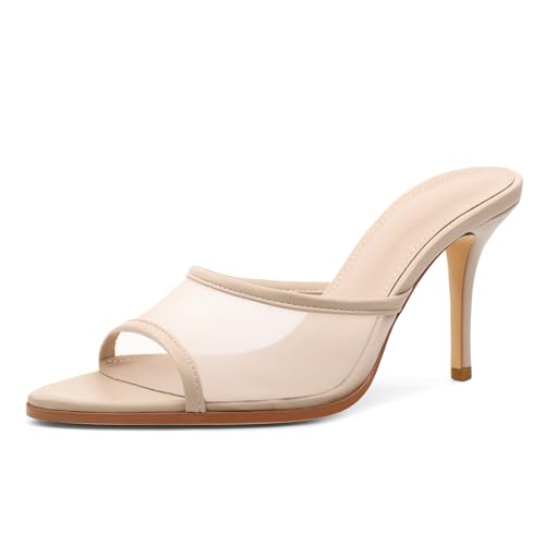 EDEFS Damen Offene Zehen Mesh Schlupfmules 9 cm Stiletto High Heels Sandalen für Täglich Freizeit Party Hochzeit Sommer Mesh Beige EU38 EDEFS Damen Offene Zehen Mesh Schlupfmules 9 cm Stiletto High Heels Sandalen für Täglich Freizeit Party Hochzeit Sommer Mesh Beige EU38 von EDEFS