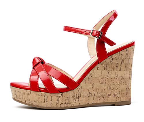 EDEFS Damen Offene Zehen Sandalen Plateau Keilabsatz Sandalen Slingback Schuhe mit High Heels, Rot Größe EU41 von EDEFS