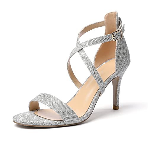 EDEFS Damen Open Toe High Heels 8CM Crisscross Riemchen Slitettos Elegant Glitter Hochzeit Brautschuhe Silber Größe EU38 von EDEFS