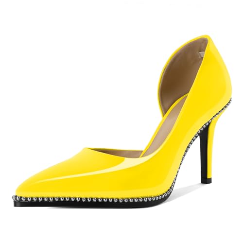 EDEFS Damen Party Essentials High Heel Pumps Schlüpfschuh Perlenbesetzte Sandalen mit 9 cm Stilettoabsatz & Spitzenschuh Gelb EU39 von EDEFS