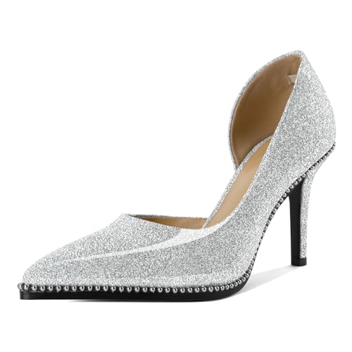 EDEFS Damen Party Essentials High Heel Pumps Schlüpfschuh Perlenbesetzte Sandalen mit 9 cm Stilettoabsatz & Spitzenschuh Silber EU39 EDEFS Damen Party Essentials High Heel Pumps Schlüpfschuh Perlenbesetzte Sandalen mit 9 cm Stilettoabsatz & Spitzenschuh Silber EU39 von EDEFS