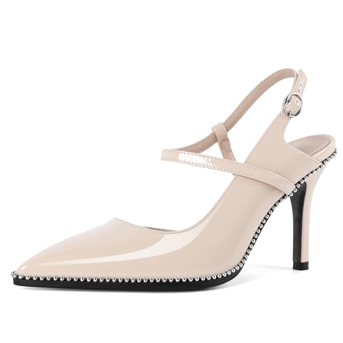 EDEFS Damen Party & Arbeits Slingback Pumps 9 cm Hoher Absatz Stiletto Absatz Perlen Patentleder Spitzzahn mit Schnalle Beige EU40 EDEFS Damen Party & Arbeits Slingback Pumps 9 cm Hoher Absatz Stiletto Absatz Perlen Patentleder Spitzzahn mit Schnalle Beige EU40 von EDEFS