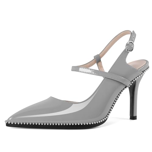 EDEFS Damen Party & Arbeits Slingback Pumps 9 cm Hoher Absatz Stiletto Absatz Perlen Patentleder Spitzzahn mit Schnalle Grau EU40 EDEFS Damen Party & Arbeits Slingback Pumps 9 cm Hoher Absatz Stiletto Absatz Perlen Patentleder Spitzzahn mit Schnalle Grau EU40 von EDEFS