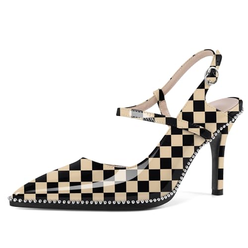 EDEFS Damen Party & Arbeits Slingback Pumps 9 cm Hoher Absatz Stiletto Absatz Perlen Patentleder Spitzzahn mit Schnalle Kariert Beige EU40 EDEFS Damen Party & Arbeits Slingback Pumps 9 cm Hoher Absatz Stiletto Absatz Perlen Patentleder Spitzzahn mit Schnalle Kariert Beige EU40 von EDEFS