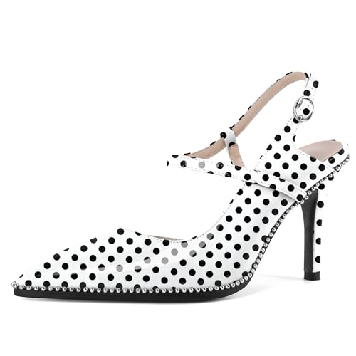 EDEFS Damen Party & Arbeits Slingback Pumps 9 cm Hoher Absatz Stiletto Absatz Perlen Patentleder Spitzzahn mit Schnalle Polka Dot EU40 von EDEFS