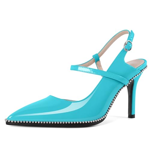 EDEFS Damen Party & Arbeits Slingback Pumps 9 cm Hoher Absatz Stiletto Absatz Perlen Patentleder Spitzzahn mit Schnalle Türkis EU40 EDEFS Damen Party & Arbeits Slingback Pumps 9 cm Hoher Absatz Stiletto Absatz Perlen Patentleder Spitzzahn mit Schnalle Türkis EU40 von EDEFS