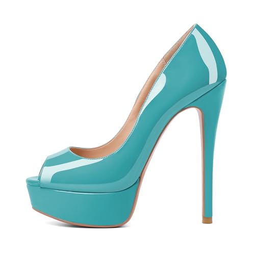 EDEFS Damen Peep Toe Plateau Pumps mit 6 Zoll Stiletto Absatz und Runder Zehenpartie Business und Abend mit Glamourösem Touch Türkis EU37 von EDEFS