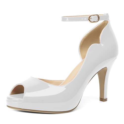 EDEFS Damen Peep Toe Plateau Sandalen 9 cm Stiletto High Heels mit Knöchelriemen für Sommer Hochzeit Party Casual Arbeit Weiß EU41 von EDEFS