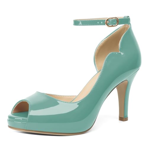 EDEFS Damen Peep Toe Plateau Sandalen 9 cm Stiletto High Heels mit Knöchelriemen für Sommer Party Casual Arbeit Mintgrün EU37 von EDEFS