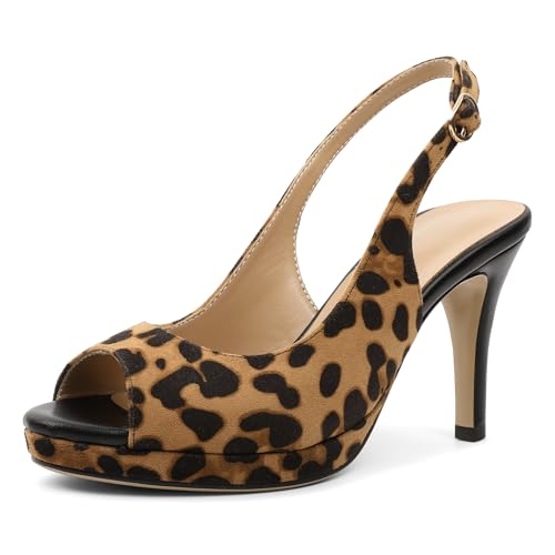 EDEFS Damen Peep-Toe Plateau Slingback Pumps 9 cm High Heel Stiletto Absätze Bequeme für Hochzeitsfeier & Casual Tragen Wildleder Leopard Schwarz EU40 von EDEFS