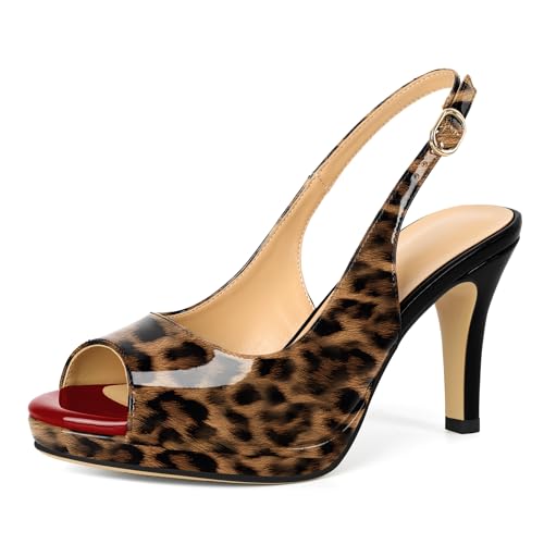 EDEFS Damen Peep-Toe Plateau Slingback Pumps 9 cm High Heel Stiletto Absätze Elegante für Hochzeitsfeier & Casual Nutzung Leopard Schwarz EU38 von EDEFS