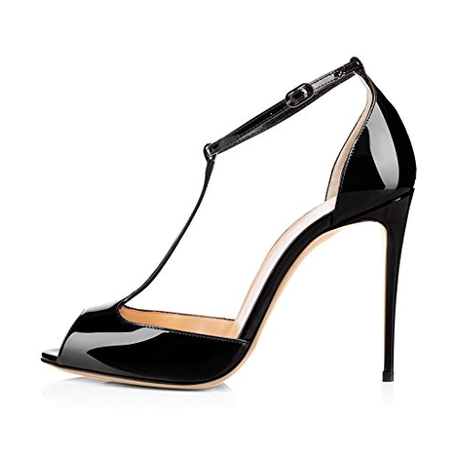 EDEFS Damen Peep Toe Pumps High Heel 12cm Stiletto Absatz Knöchelriemchen Schuhe Schwarz Größe EU42 von EDEFS