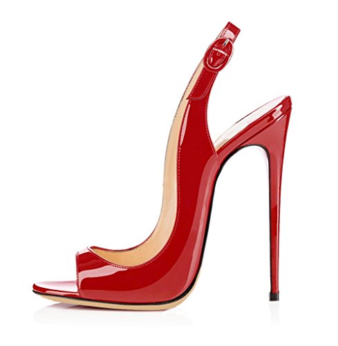 EDEFS Damen Peep Toe Sommer Sandaletten,Slingback Sandalen,High Heel Lack Schuhe,Red EU40 von EDEFS