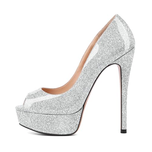 EDEFS Damen Peep Toe Stiletto Pumps mit 6 Zoll Plateauabsatz und Runder Zehenpartie Business und Abend Voller Glamour Silber EU42 von EDEFS