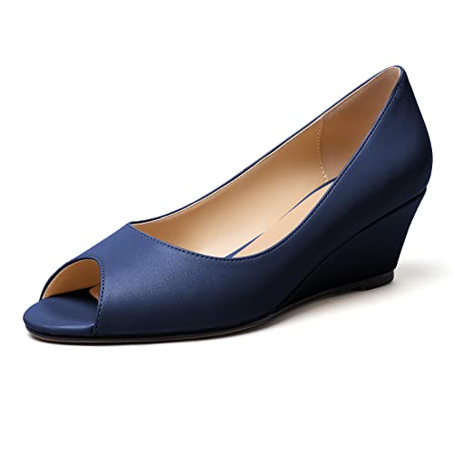 EDEFS Damen Peeptoes Keilabsatz Sandalen Niedrigabsatz Pumps Schuhe zum Reinschlüpfen Keilabsatz Sandalen Offene Absatzschuhe Marineblau Matt EU39 von EDEFS