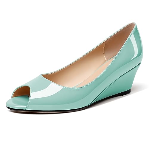 EDEFS Damen Peeptoes Keilabsatz Sandalen Niedrigabsatz Pumps Schuhe zum Reinschlüpfen Keilabsatz Sandalen Offene Absatzschuhe Mintgrün Patent EU39 von EDEFS