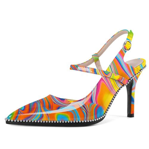 EDEFS Damen Perlen Besatz Slingback Pumps Stiletto Absatz 9 cm Hoher Absatz Patentleder Spitzzahn & Schnalle für Elegante Anlässe Multicolor Wärme EU41 von EDEFS