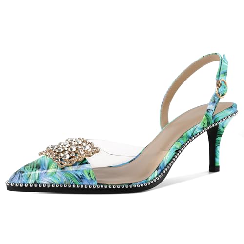 EDEFS Damen Perlengesäumte Transparente PVC Pumps Slingback 6,5 cm Niedrigabsatz Rhinestone Spitzzahn für Hochzeits Eleganz Floral Grün EU38 von EDEFS