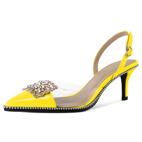EDEFS Damen Perlengesäumte Transparente PVC Pumps Slingback 6,5 cm Niedrigabsatz Rhinestone Spitzzahn für Hochzeits Eleganz Gelb EU38 von EDEFS