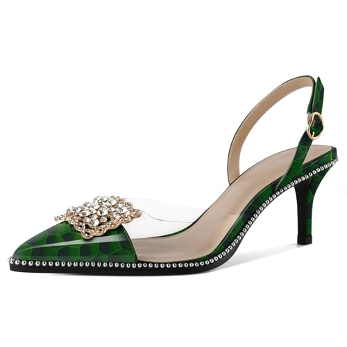 EDEFS Damen Perlengesäumte Transparente PVC Pumps Slingback 6,5 cm Niedrigabsatz Rhinestone Spitzzahn für Hochzeits Eleganz Glänzend Grün EU38 von EDEFS