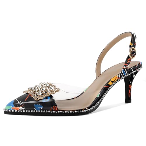 EDEFS Damen Perlengesäumte Transparente PVC Pumps Slingback 6,5 cm Niedrigabsatz Rhinestone Spitzzahn für Hochzeits Eleganz Graffiti EU38 von EDEFS