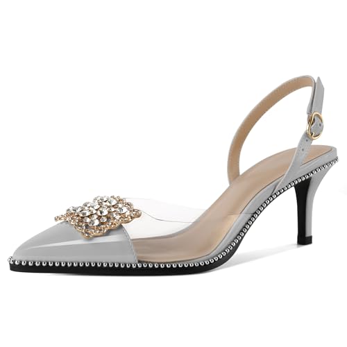 EDEFS Damen Perlengesäumte Transparente PVC Pumps Slingback 6,5 cm Niedrigabsatz Rhinestone Spitzzahn für Hochzeits Eleganz Grau EU38 von EDEFS