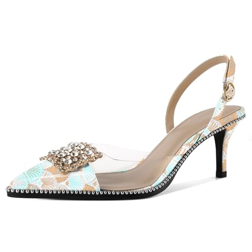 EDEFS Damen Perlengesäumte Transparente PVC Pumps Slingback 6,5 cm Niedrigabsatz Rhinestone Spitzzahn für Hochzeits Eleganz Jakobsmuscheln Gelb EU38 von EDEFS